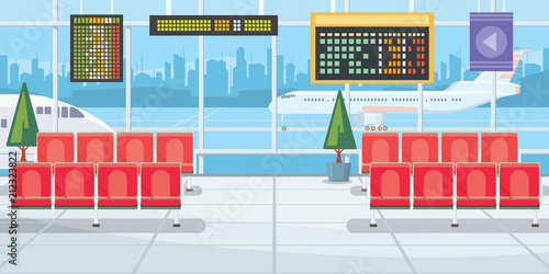 Airport with flight departure boards vector illustration. Modern airport waiting room with rows of chairs and panoramic windows. Interior illustration