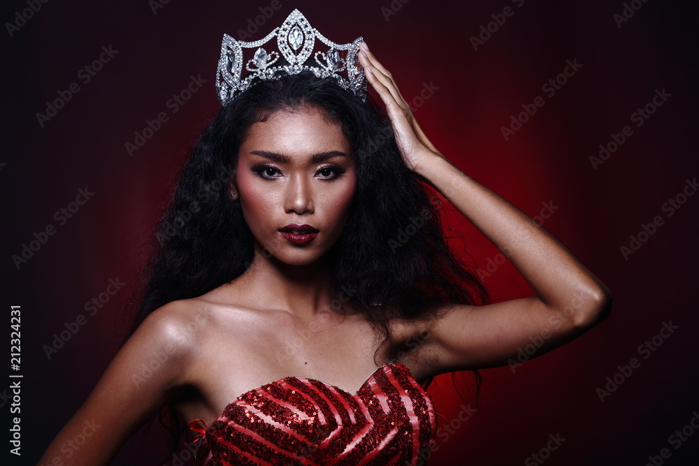 Miss Pageant Contest in Evening Ball Gown long ball dress with Diamond  Crown, fashion make up hair style Stock Photo | Adobe Stock