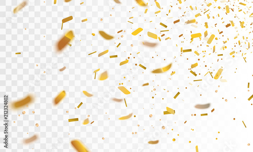 Stock vector illustration realistic defocused golden confetti, glitters Isolated on a transparent checkered background. Festive background. Holiday decorative tinsel element for design. EPS10.