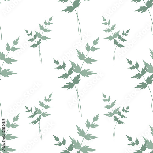 Seamless floral pattern. Repeating texture of pale green twigs on white background. Perfect for printing