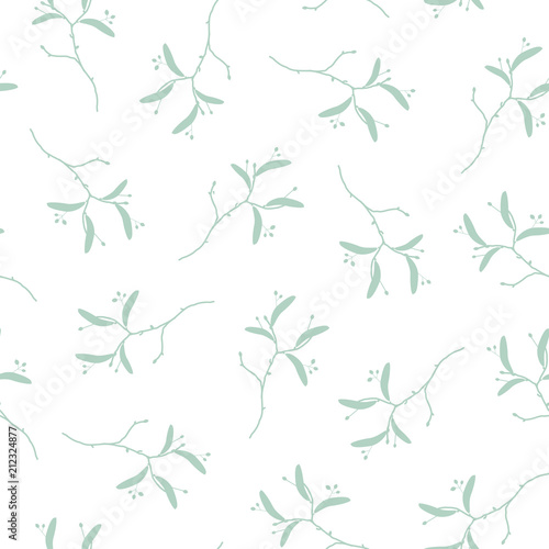 Seamless floral pattern with powder blue linden twigs. Repeating texture of sprigs with leaves on white