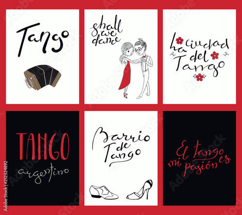 Set of tango cards templates with hand written lettering quotes, design elements, tr. from Spanish Tango city, Tango district, Tango is my passion. Vector illustration. Design concept social dance.
