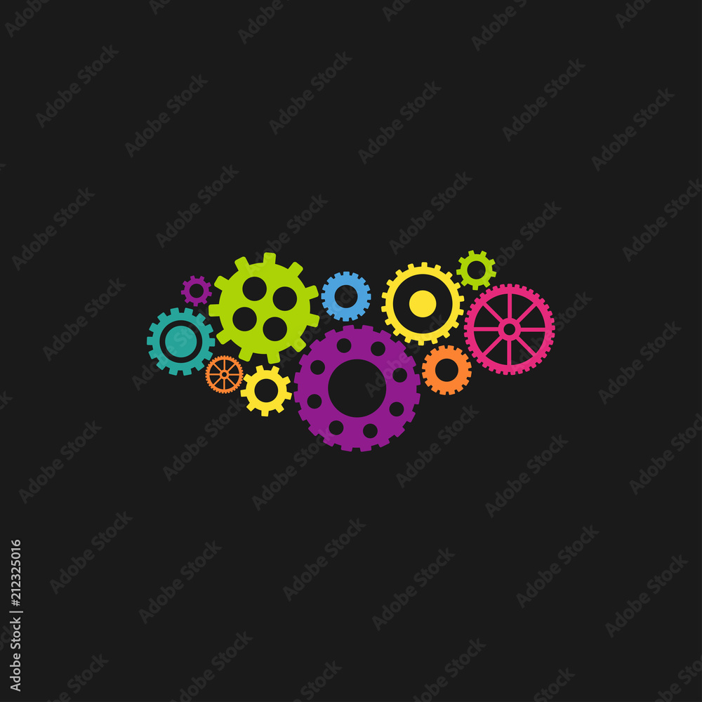bright colorful gears and wheels icon isolated on black background. Combination of pinions. Vector flat bright colorful gears and wheels icon isolated on black background. Combination of pinions. Vector flat