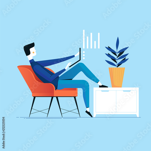 Businessman with laptop working successfully in a chair next to the cupboard and plant. Vector conceptual illustration