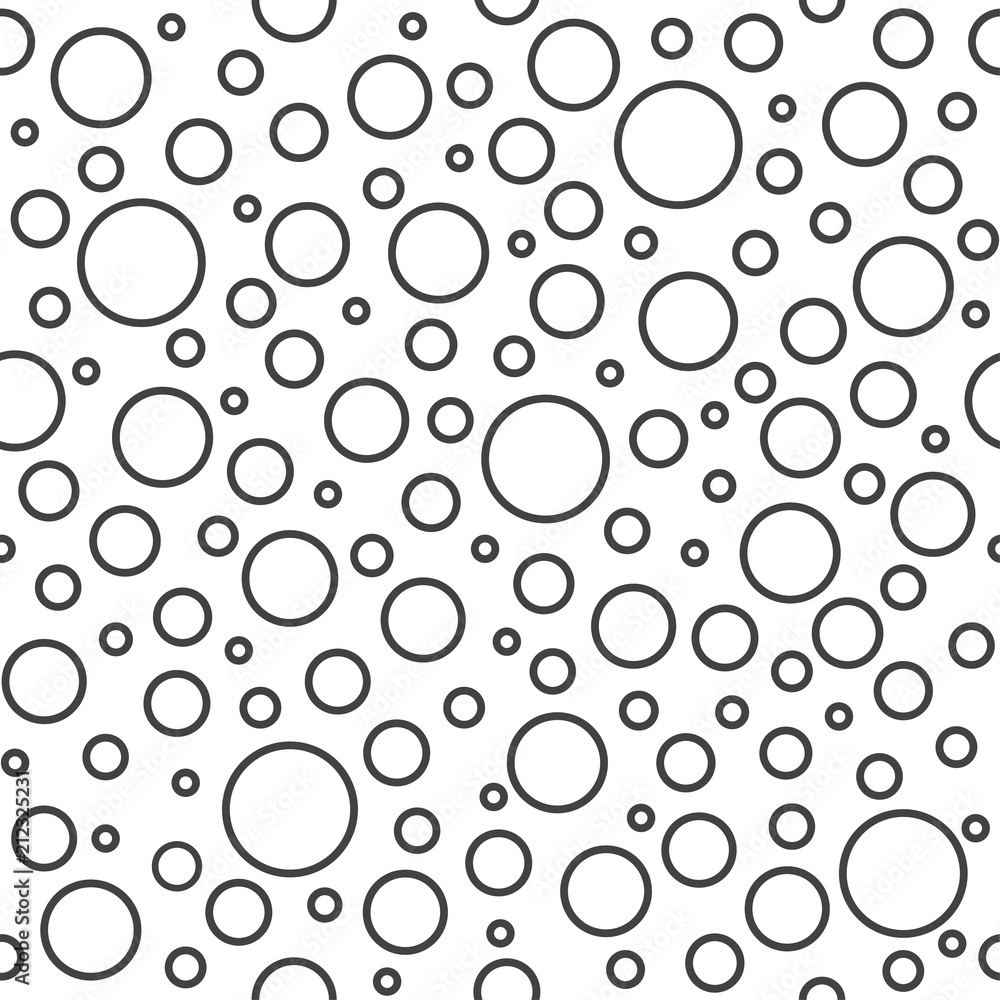 Seamless abstract pattern of little and big circles with black outline on white background. Foam bubbles