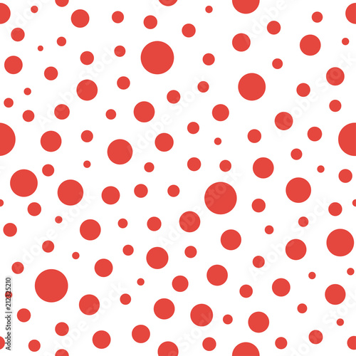 Seamless abstract pattern of little and big red circles and red dots on white background. Kaleidoscope