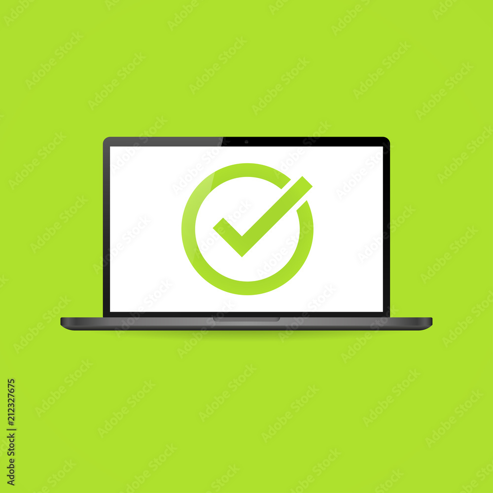 Realistic laptop with check mark in screen Realistic laptop with check mark in screen