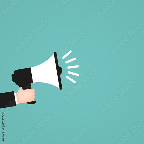 Megaphone with hand on blue isolated background