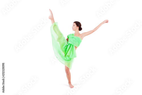 Pure clean beauty pretty girl / woman / female wearing silky fabric as dress dancing on white isolated background with flowing green scarf. Fashion model concept