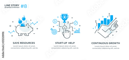 Set of illustrations concept with business concept. Workflow, growth, graphics. Business development, milestones, start-up. linear illustration Icons infographics. Landing page site print poster. Line