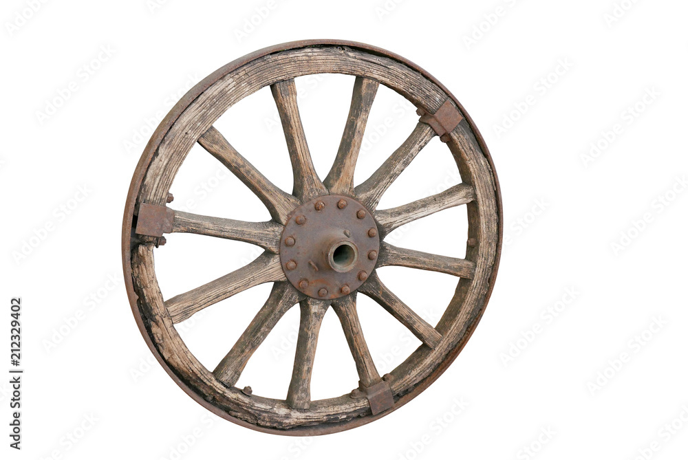 Old wooden wheel, isolated on white background