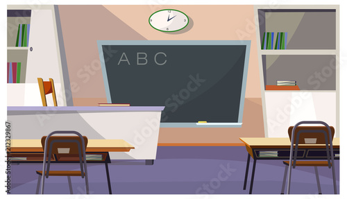 Fototapeta Naklejka Na Ścianę i Meble -  Alphabet letters on blackboard in classroom vector illustration. Modern school room with teachers table and desks. Interior illustration