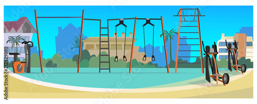 Athletic field with street fitness equipment vector illustration. Modern city court with workout equipment. Sports ground illustration