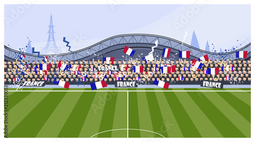Football fans vector illustration. Match, field, bleacher, France. Soccer concept. Can be used for topics like world cup, championship, sport, fan club