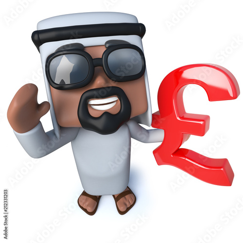 3d Funny cartoon Arab sheik holding a UK Pounds Sterling currency symbol