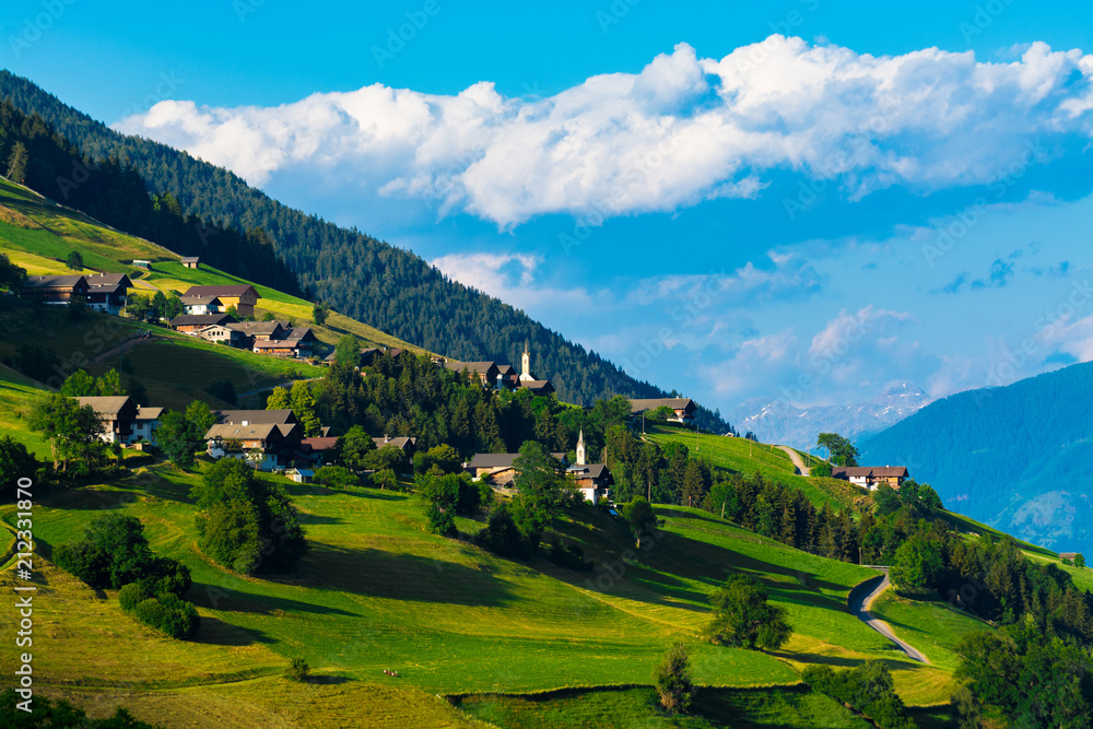 Typical alpine villages in tyrol alps on sunset