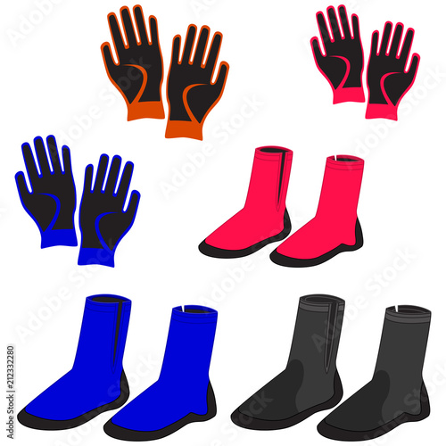 Collection for scuba diving. Boots  gloves. Abstract concept  set of icons. Vector illustration on white background.