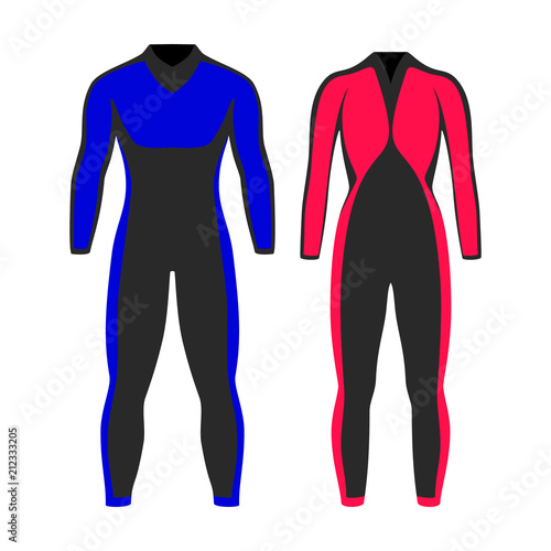 Wetsuit for scuba diving. Red and blue color, set of icons. Abstract concept for man and for woman. Vector illustration on white background.