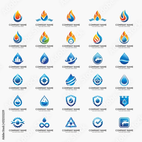 Collection of water, flame, plumbing logo.