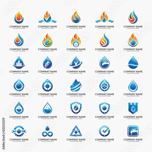 Collection of water, flame, plumbing logo.