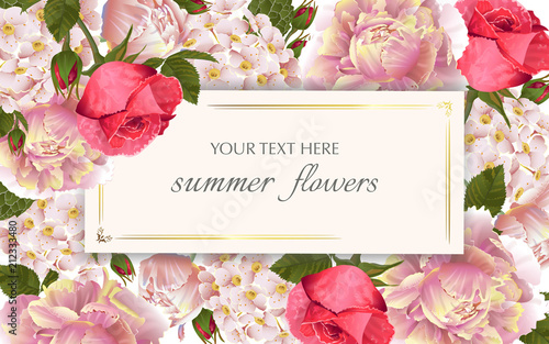 Vector vintage floral frame with summer flowers. Template for greeting cards, wedding decorations, sales.