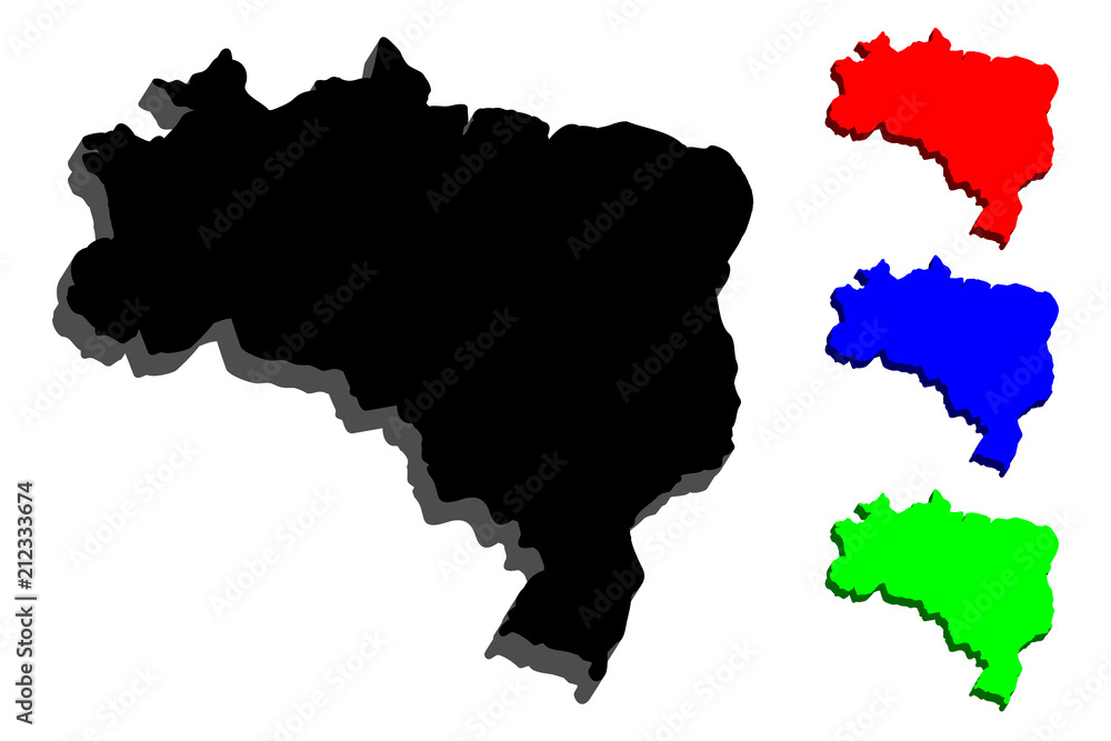 3D map of Brazil (Federative Republic of Brazil) - black, red, blue and green - vector illustration