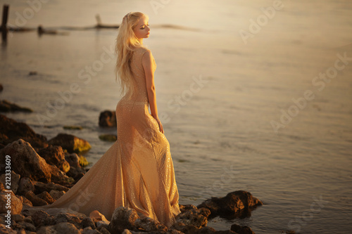 Sticker Sexy girl with long wet hair in elegant dress posing beside a sea