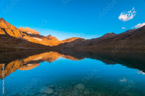 A beautiful view of Gangabal lake reflection in dry season with clear blue sky in a morning from Kashmir The Great Lakes Trek, India.