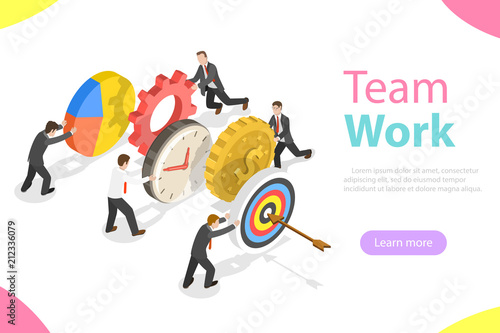 Flat isometric vector concept of effective teamwork, business team, brainstorm.
