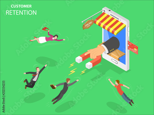 Online store customer retention flat isometric vector concept. Hand with magnet has appeared from the smartphone screen attracting people from everywhere.