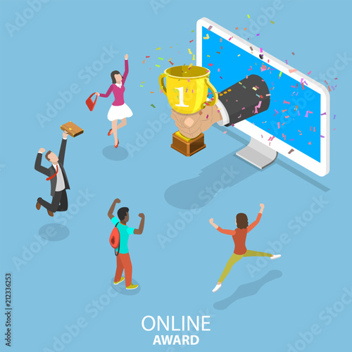 Flat isometric vector concept of online award, contest winner, goal achievement, first place victory.