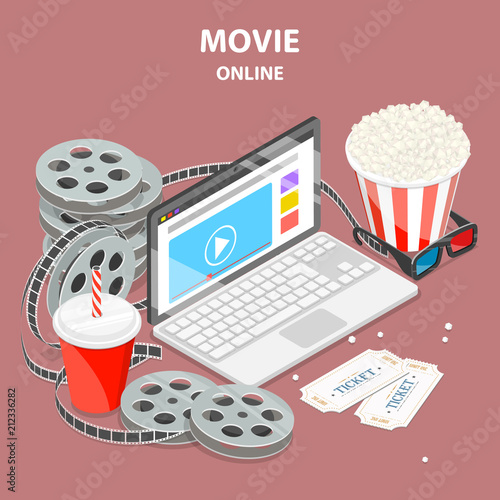 Flat isometric vector concept of mobile movie, online home cinema.