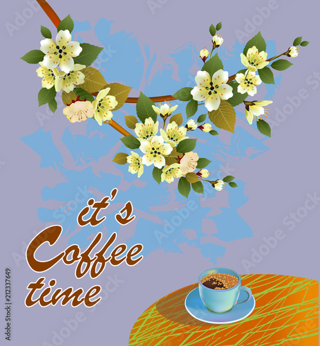 Banner spring leaves blooming cherry blossom. Coffee on the table in the spring. Time to drink coffee.