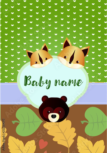 Cute green baby shower vector with squirrels and a bear - forest residents style. A sweet idea for a child's pattern. photo