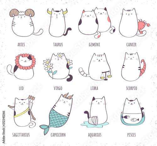 Set of cute cartoon zodiac cat. Vector illustration of twelve zodiacal symbols collection: Aries, Taurus, Gemini, Cancer, Leo, Virgo, Libra, Scorpio, Sagittarius, Capricorn, Aquarius, Pisces photo