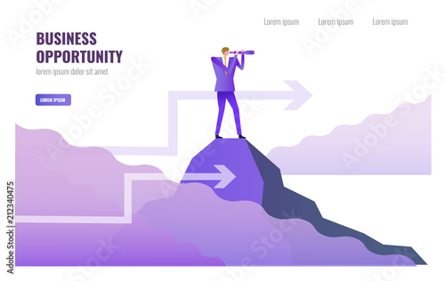 Businessman standing and using telescope on top of peak. Leadership and Business opportunity concept. vector illustration