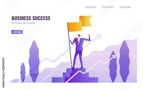Businessman standing and holding flag on the podium. Business Successful and  Leadership  concept. vector illustration