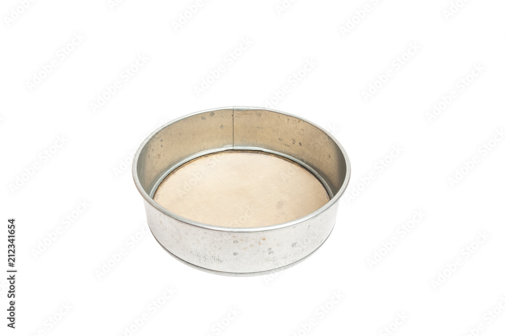 used metal sieve isolated on white background used metal sieve isolated on white background