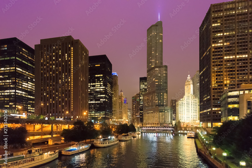 Obraz premium Chicago skyline at night, Chicago, Illinois, USA.
