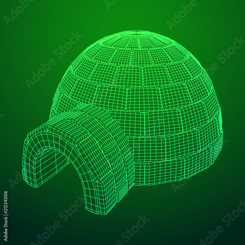 Igloo icehouse. Snowhouse or snowhut. Eskimo shelter built of ice. Wireframe low poly mesh vector illustration