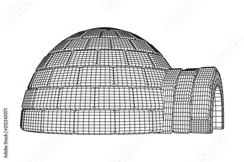 Igloo icehouse. Snowhouse or snowhut. Eskimo shelter built of ice. Wireframe low poly mesh vector illustration