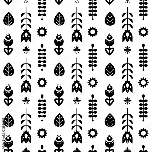 Folk art  seamless pattern with decorative floral elements. Good for print. Scandinavian style. Vector illustration.