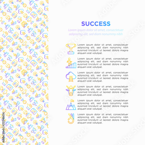 Success concept with thin line icons: trophy, idea, mountain peak, career, bullhorn, strategy, ladder, winner, medal, award, good choice, easy, certificate. Vector illustration, print media template.