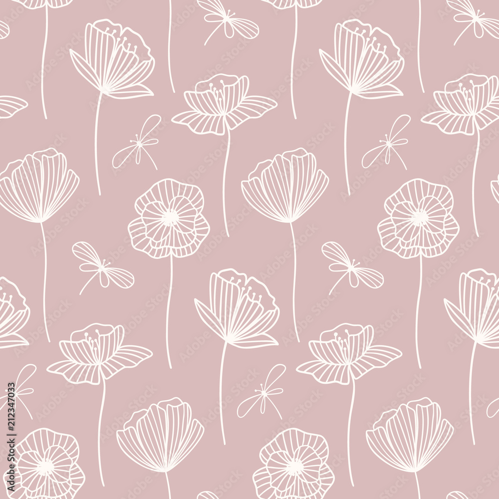 Floral vector seamless pattern with Poppy flowers. White flowers shape on pastel pink background. Vector wallpaper. Good for fabric, textile, wrapping paper, packaging design.