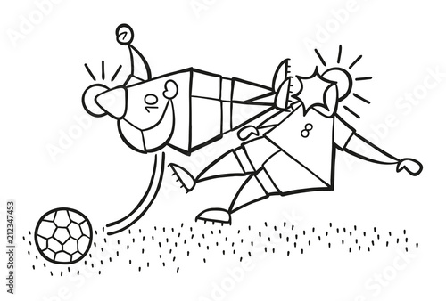 Vector cartoon aggressive soccer player man flying kick to other soccer player's face