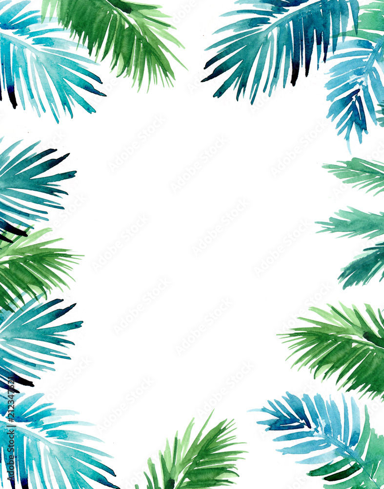 Tropical background with exotic leaves. Watercolor illustration