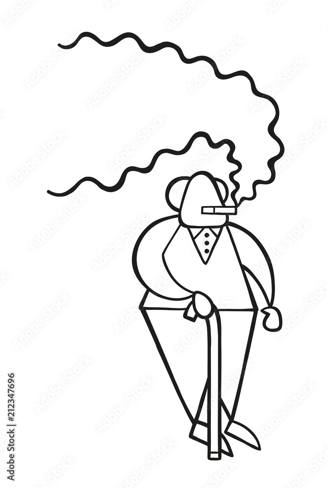 Vector cartoon old man standing with wooden walking stick and smoking cigarette Vector cartoon old man standing with wooden walking stick and smoking cigarette
