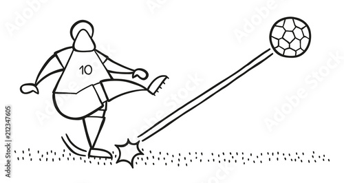 Vector cartoon soccer player man shooting ball on pitch