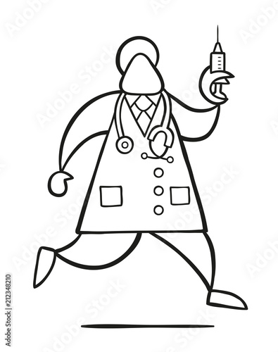 Vector cartoon doctor man with stethoscope and running, holding syringe ready for injection