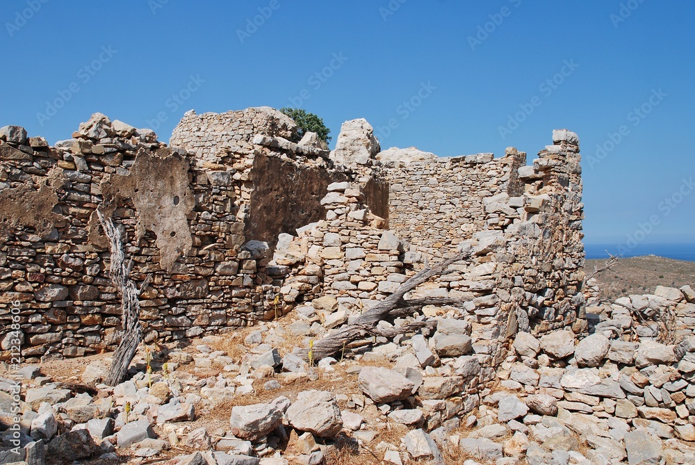 The remains of the medieval Crusader Knights castle above Mikro Chorio on the Greek island of Tilos.